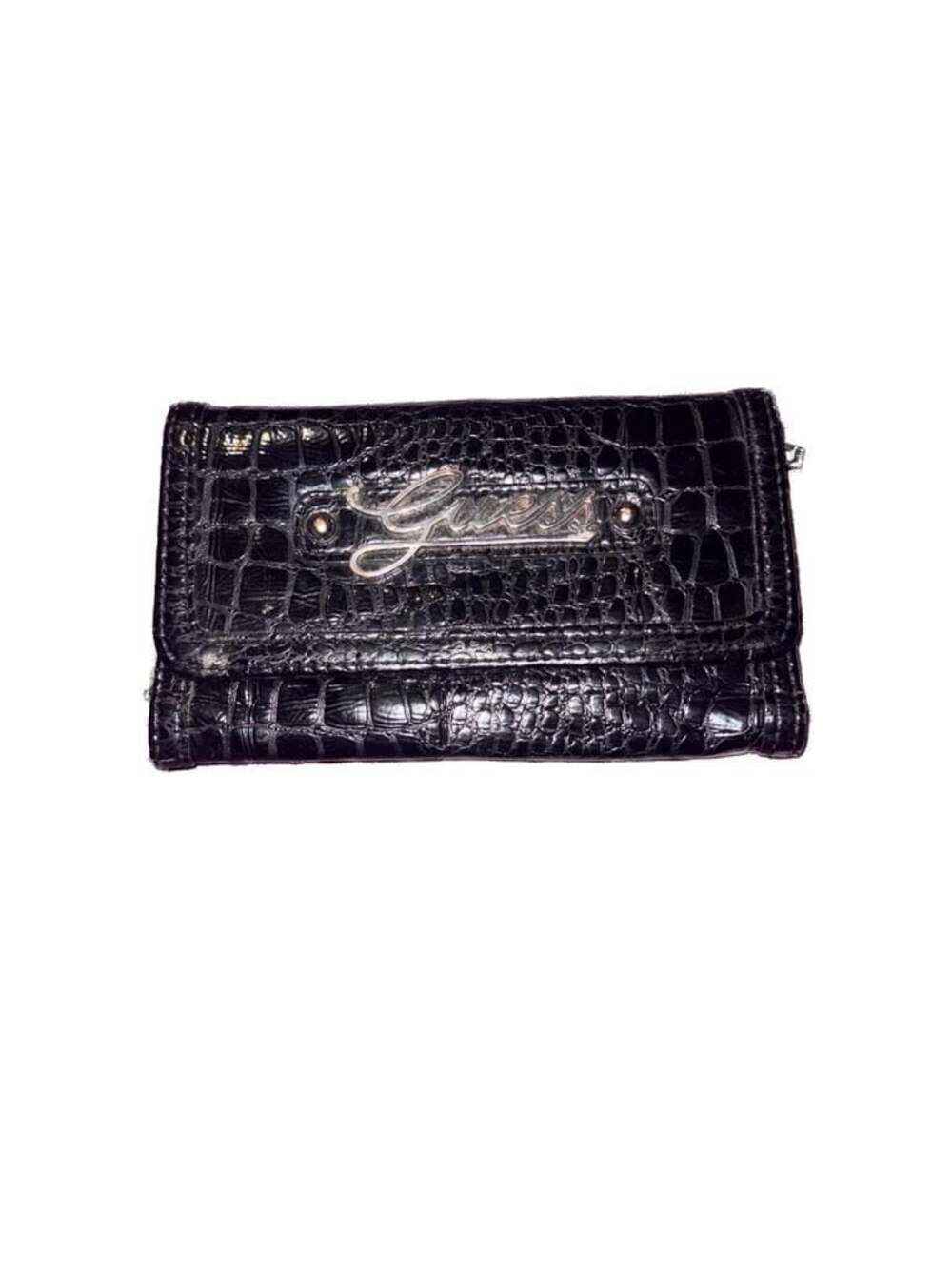 Guess Black Faux Croc Skin Trifold Wallet with Logo Plate